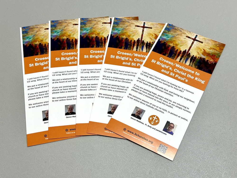 Fanned out photo of 3 Churches outreach leaflets