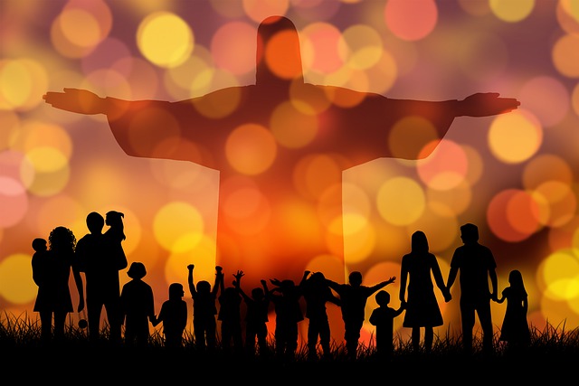 People gathering and Jesus silhouetted with golden background