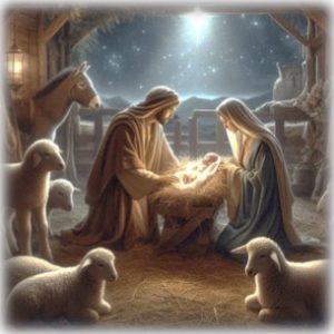 Painting depicting the birth of Jesus Christ in a nativity scene